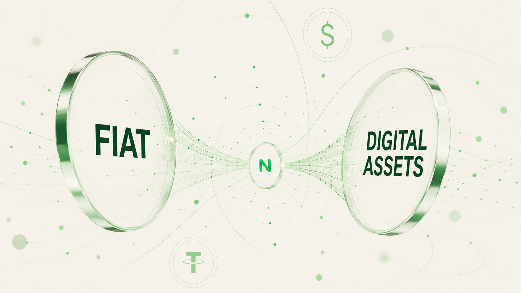 Nexiora visual connecting fiat and digital assets through a central settlement layer.